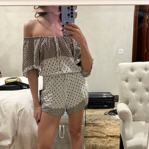 FARM Rio Off-Shoulder Brown and White Jumpsuit